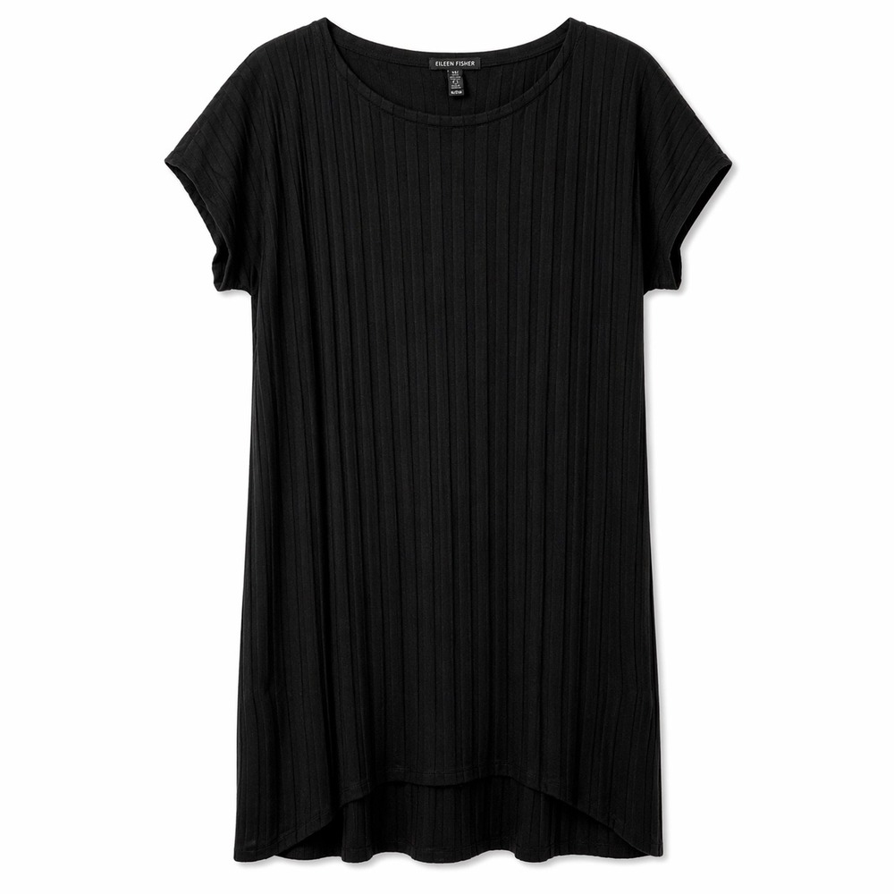 Eileen Fisher Black Ribbed Dress XS Minimalist Tencel Shift